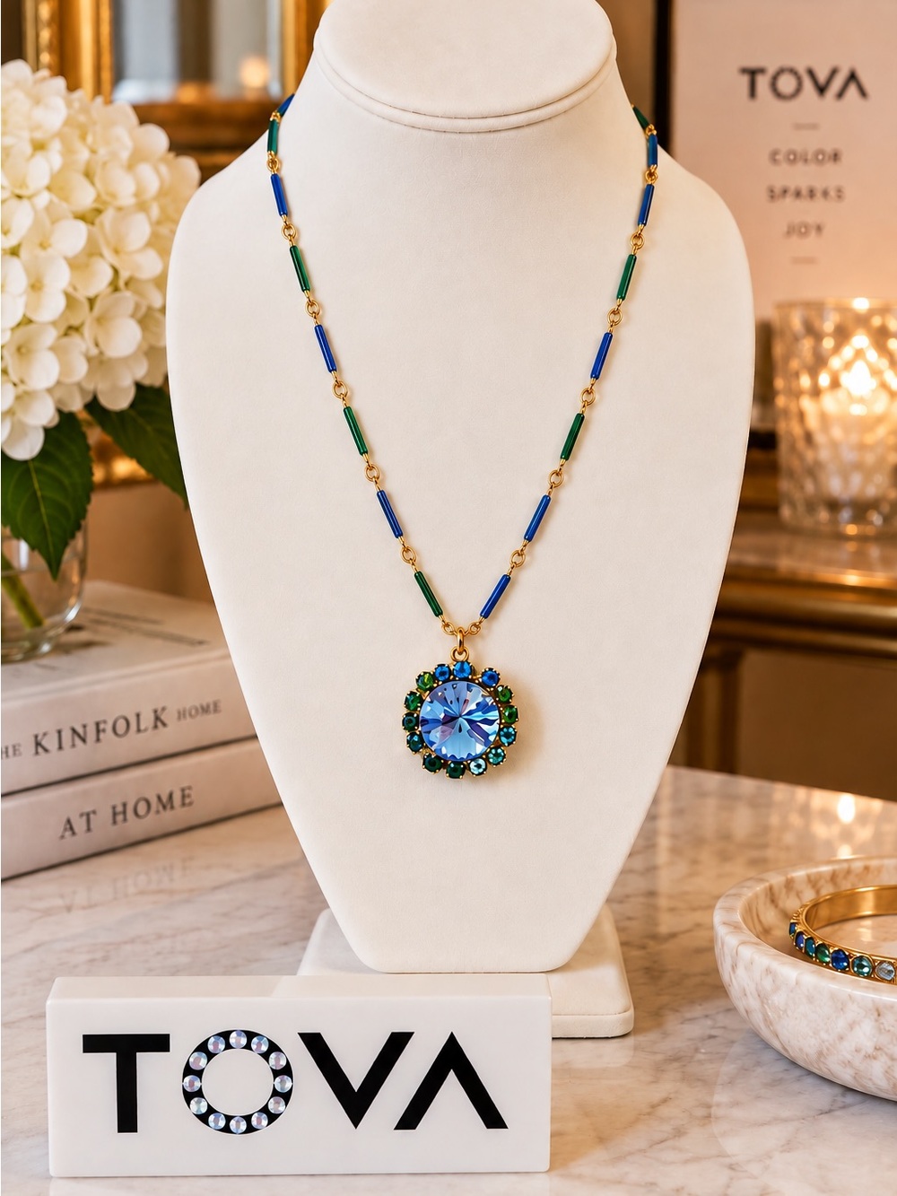 TOVA Handpainted enamel mixed gold chain with Blue & Green Crystal necklace